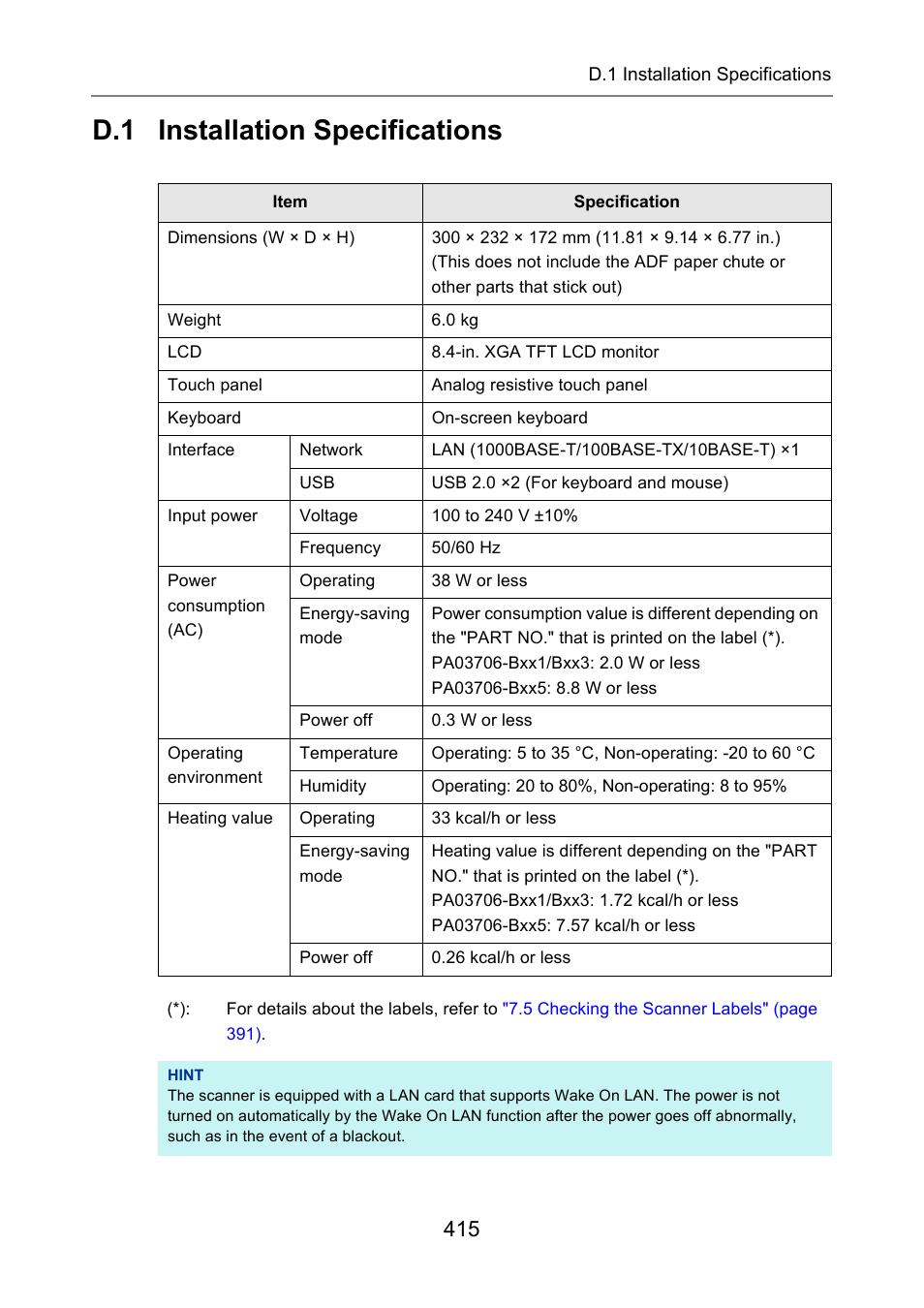D.1 installation specifications | Fujitsu Ricoh Fujitsu N7100E Network Image Scanner User Manual | Page 415 / 482