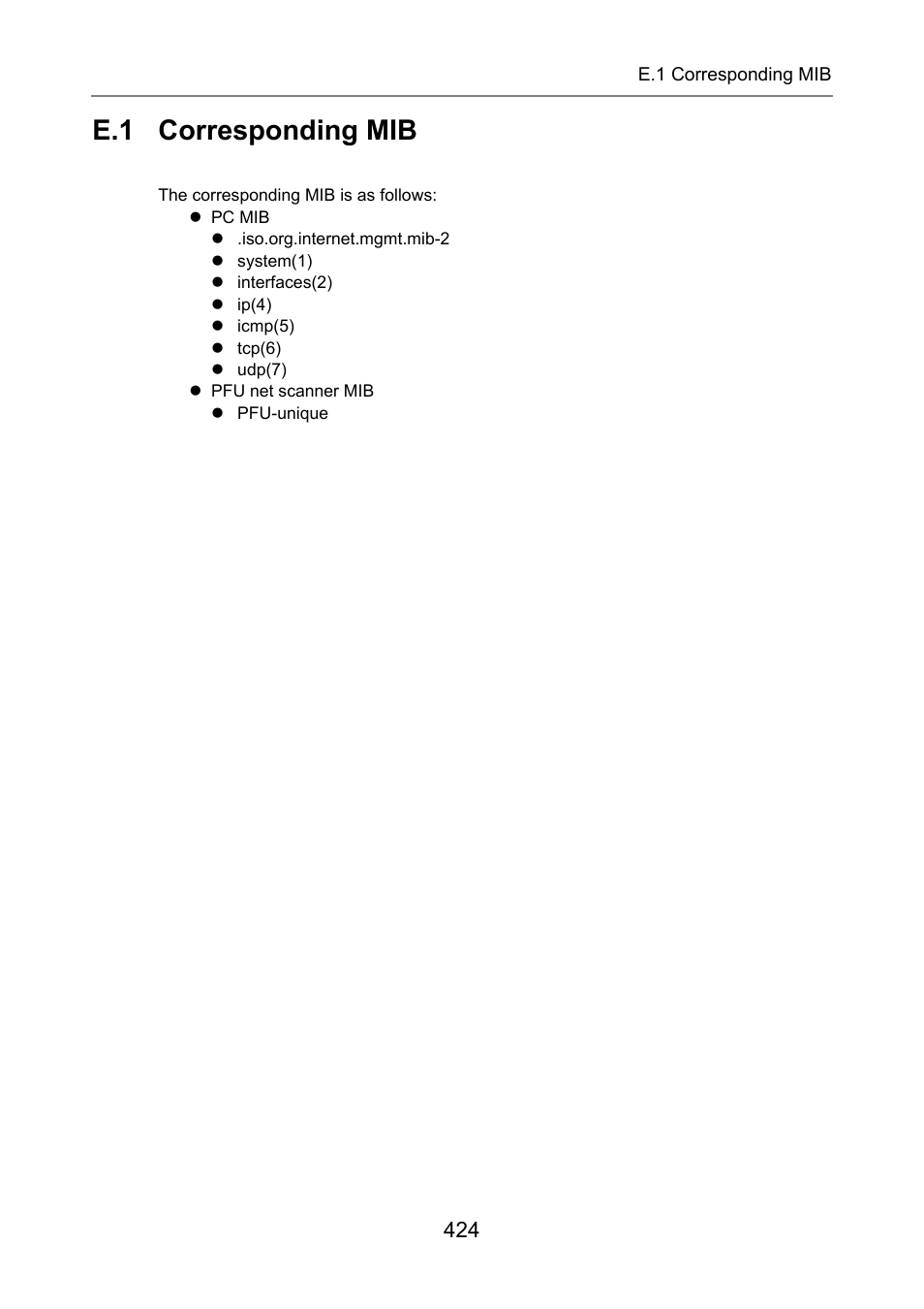 E.1 corresponding mib, Corresponding mib | Fujitsu Ricoh Fujitsu N7100E Network Image Scanner User Manual | Page 424 / 482