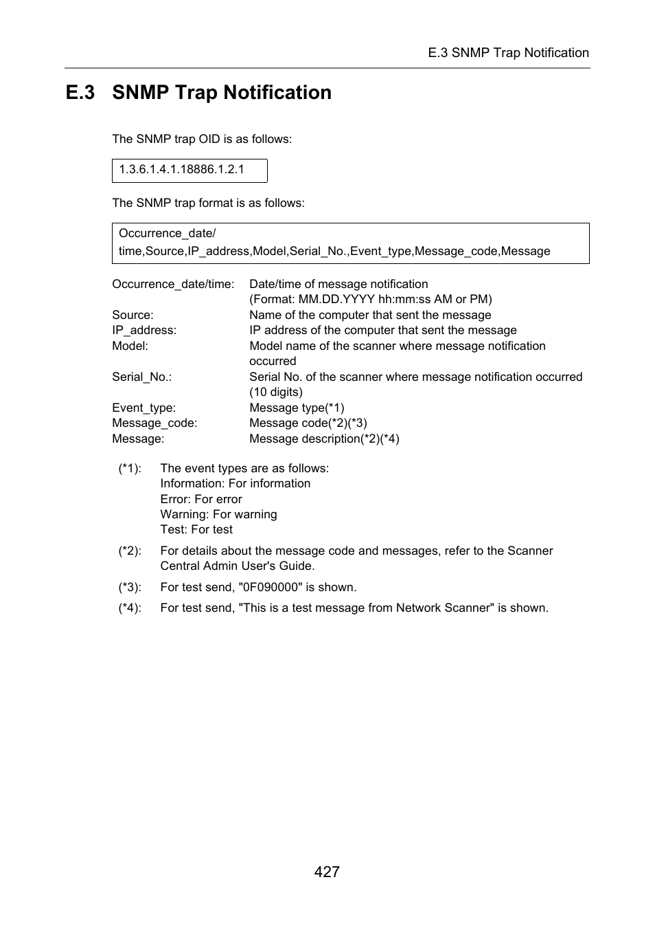 E.3 snmp trap notification, Snmp trap notification | Fujitsu Ricoh Fujitsu N7100E Network Image Scanner User Manual | Page 427 / 482