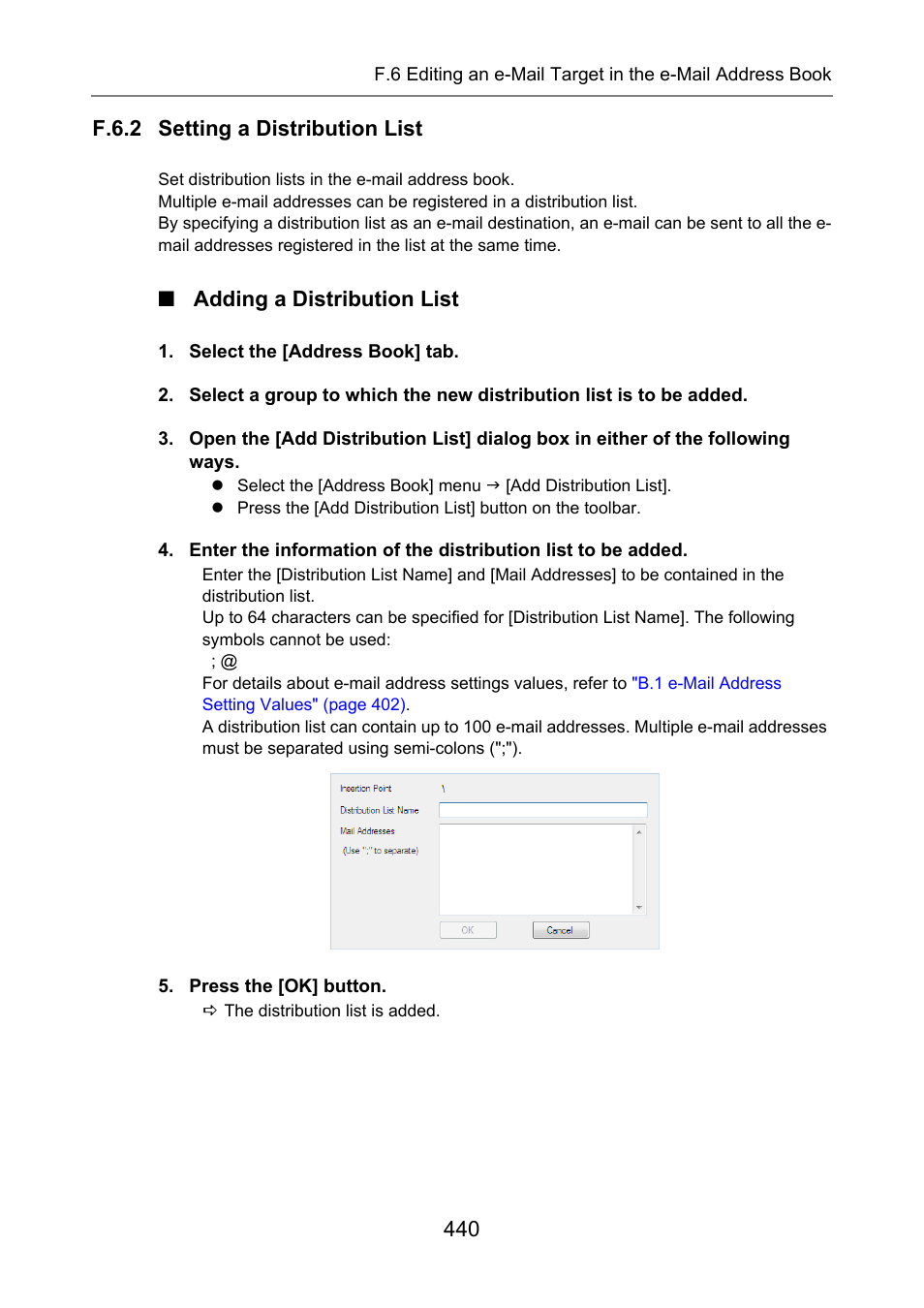 F.6.2 setting a distribution list, Adding a distribution list | Fujitsu Ricoh Fujitsu N7100E Network Image Scanner User Manual | Page 440 / 482