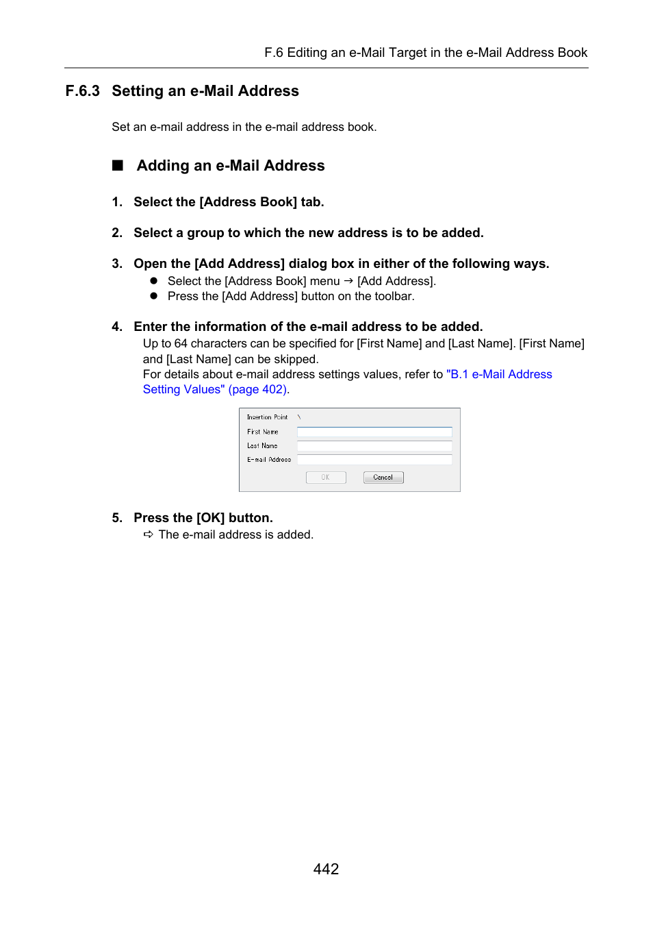 F.6.3 setting an e-mail address, Adding an e-mail address | Fujitsu Ricoh Fujitsu N7100E Network Image Scanner User Manual | Page 442 / 482