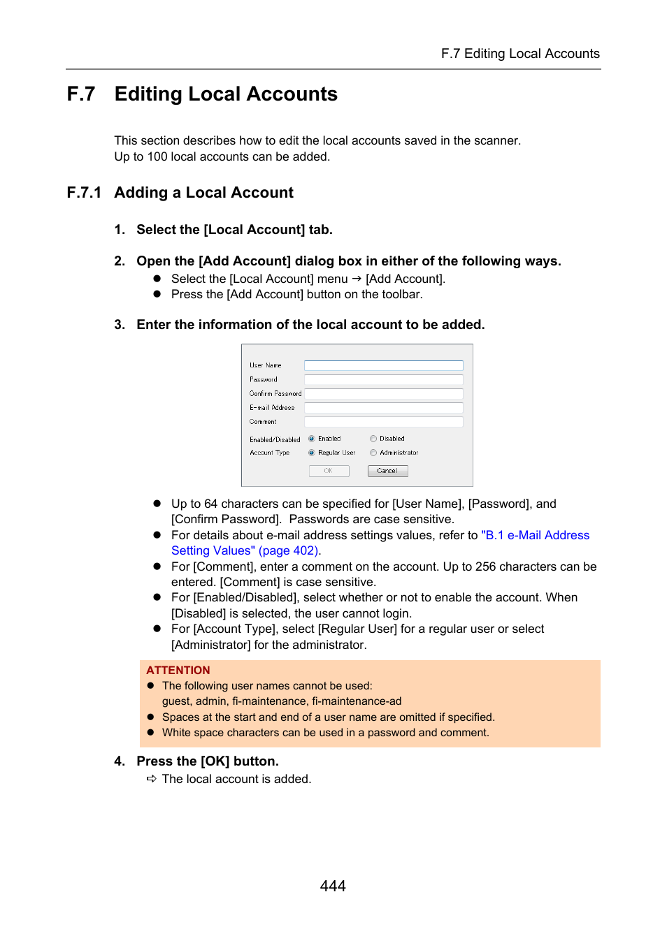 F.7 editing local accounts, F.7.1 adding a local account, Editing local accounts | Fujitsu Ricoh Fujitsu N7100E Network Image Scanner User Manual | Page 444 / 482