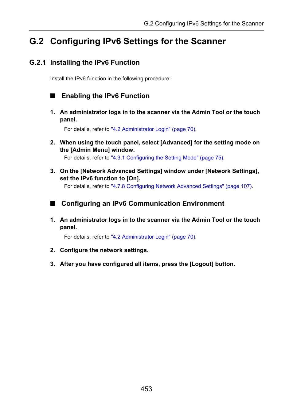 G.2 configuring ipv6 settings for the scanner, G.2.1 installing the ipv6 function, Enabling the ipv6 function | Configuring an ipv6 communication environment | Fujitsu Ricoh Fujitsu N7100E Network Image Scanner User Manual | Page 453 / 482