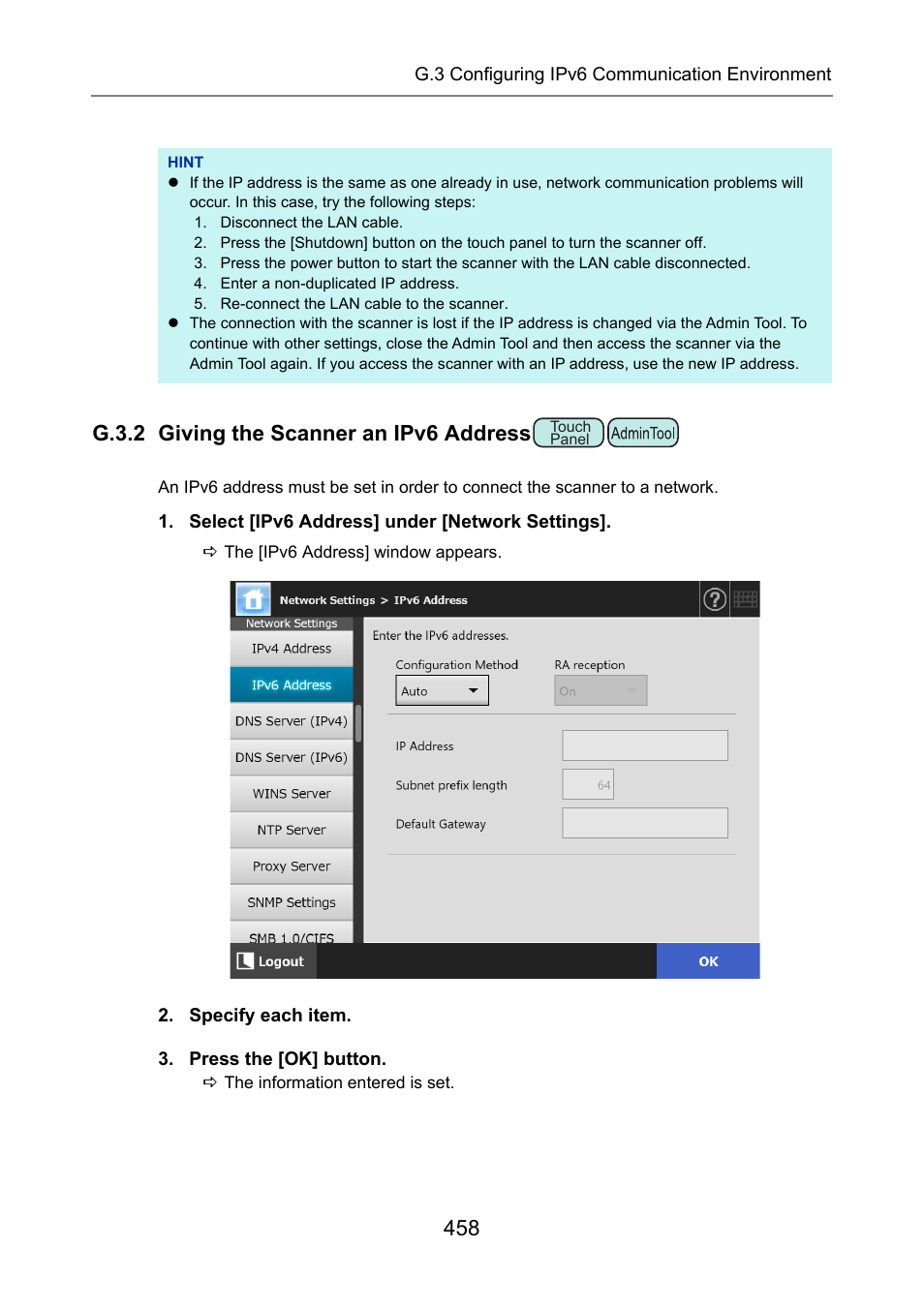 G.3.2 giving the scanner an ipv6 address, P.458), G.3.2 giving the scanner an ipv6 address" (p.458) | Fujitsu Ricoh Fujitsu N7100E Network Image Scanner User Manual | Page 458 / 482
