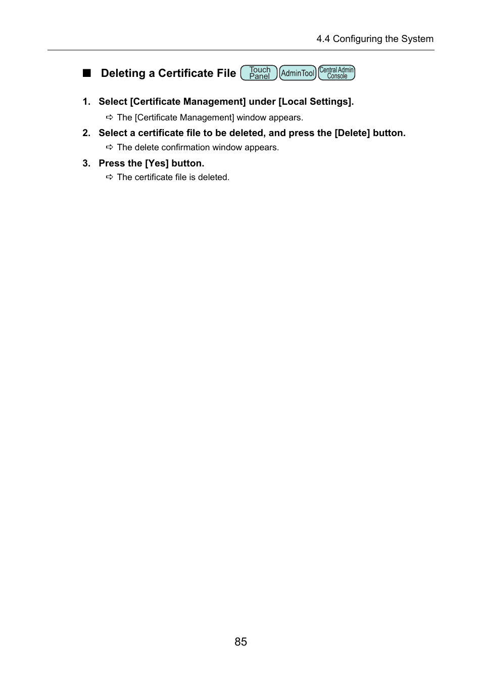 Deleting a certificate file, 85 ■ deleting a certificate file | Fujitsu Ricoh Fujitsu N7100E Network Image Scanner User Manual | Page 85 / 482