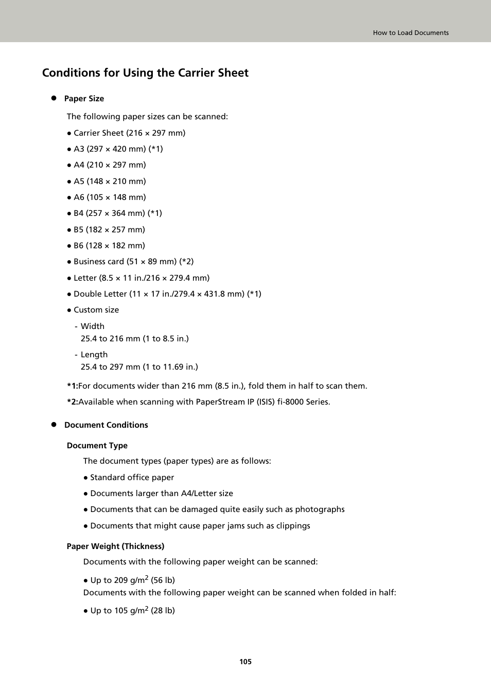 Conditions for using the carrier sheet | Ricoh fi-8040 Desktop Scanner User Manual | Page 105 / 425