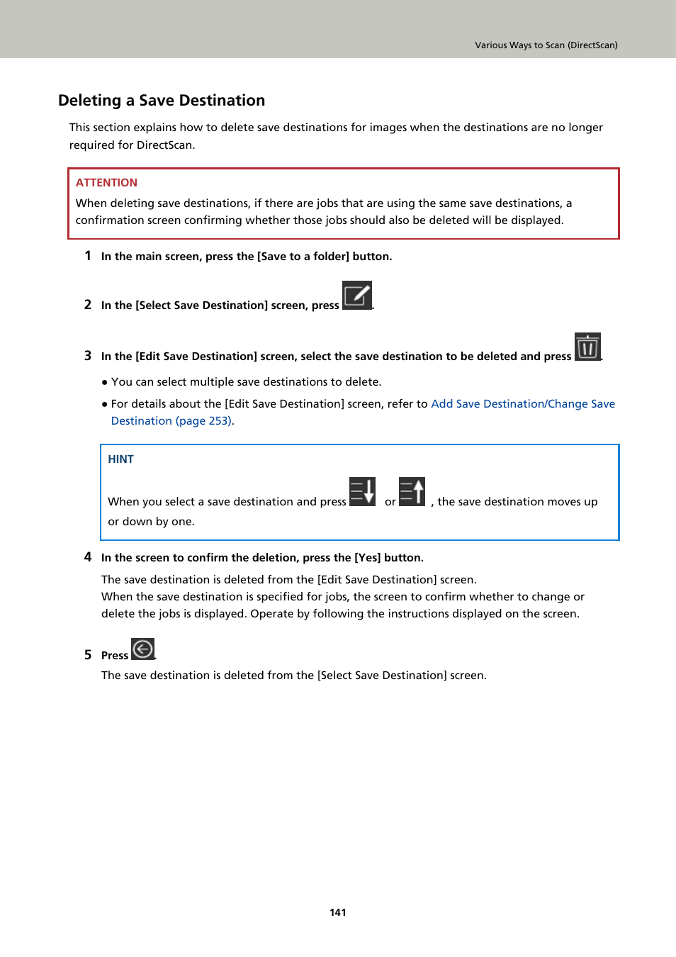Deleting a save destination | Ricoh fi-8040 Desktop Scanner User Manual | Page 141 / 425