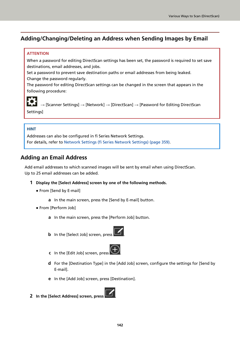 Adding an email address, Adding/changing/deleting an | Ricoh fi-8040 Desktop Scanner User Manual | Page 142 / 425