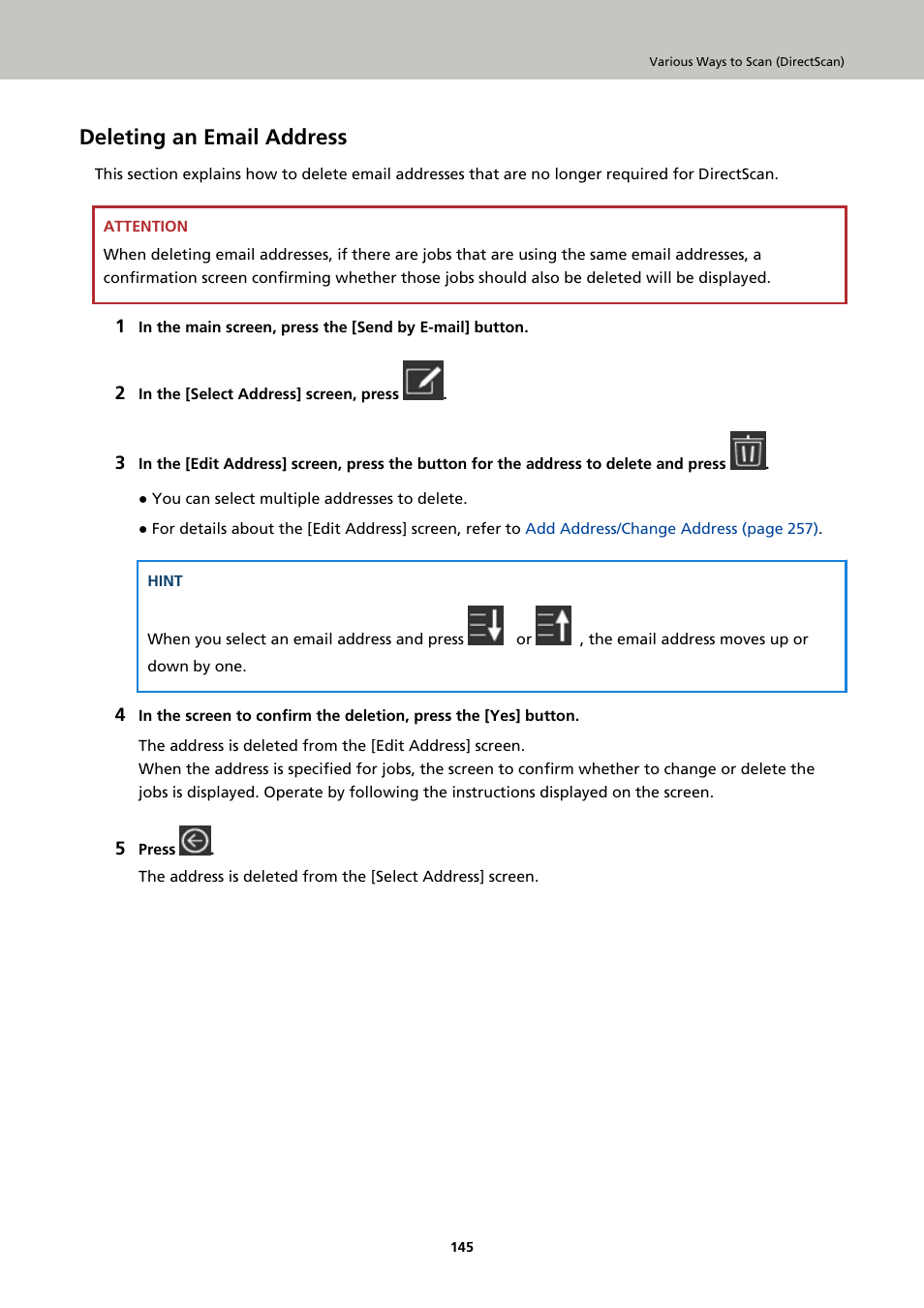 Deleting an email address | Ricoh fi-8040 Desktop Scanner User Manual | Page 145 / 425