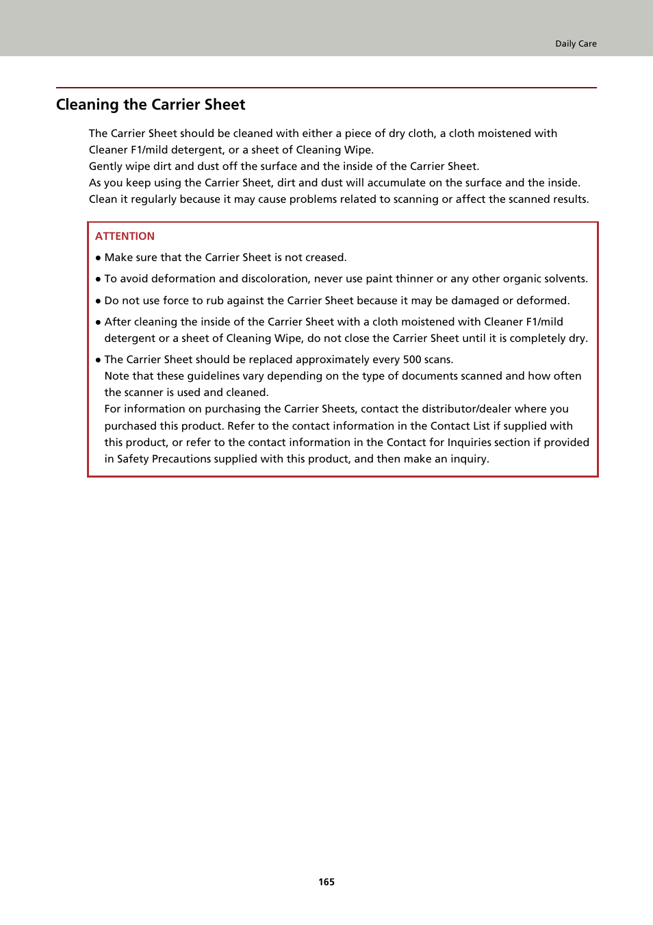 Cleaning the carrier sheet | Ricoh fi-8040 Desktop Scanner User Manual | Page 165 / 425