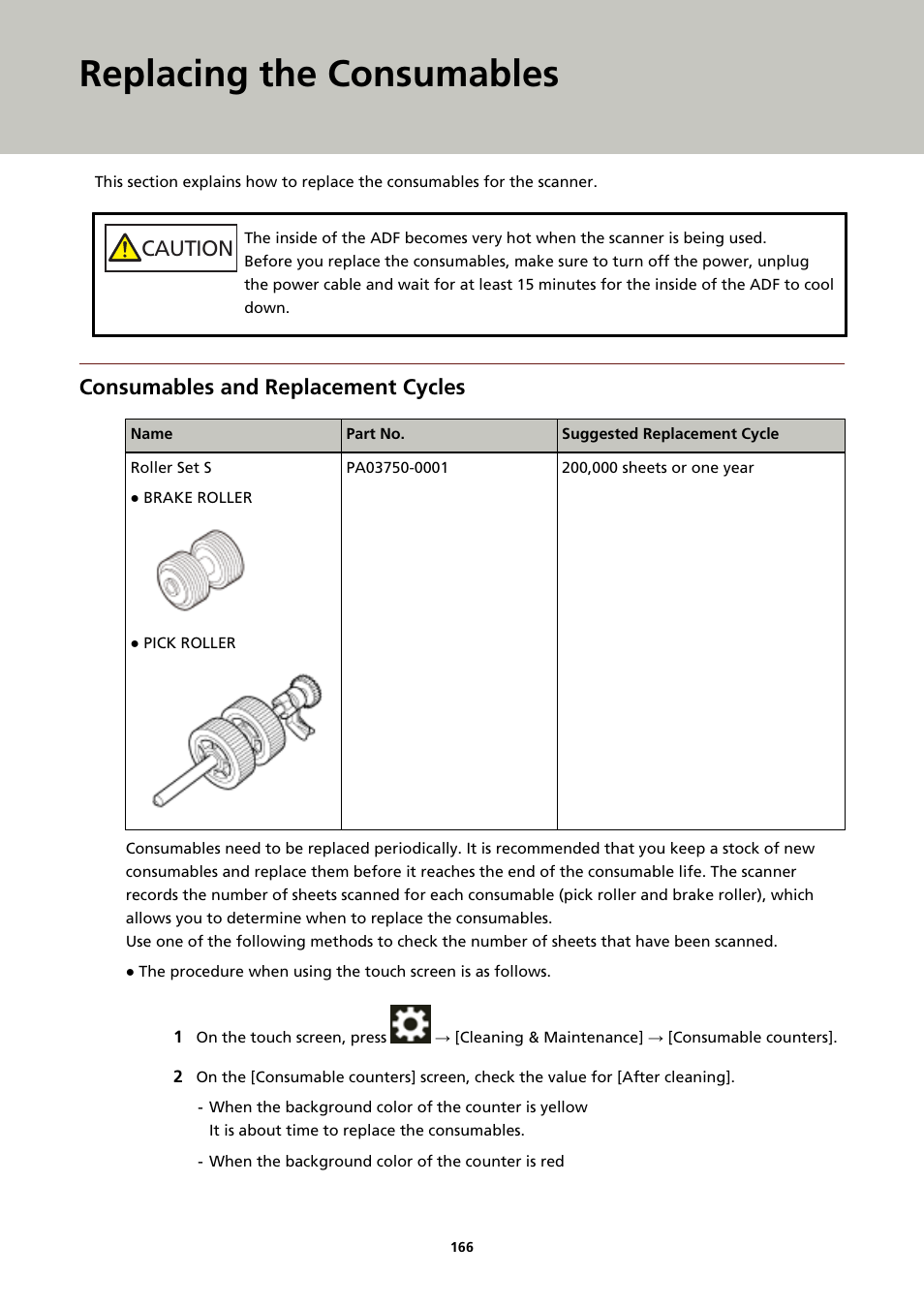 Replacing the consumables, Consumables and replacement cycles, Caution | Ricoh fi-8040 Desktop Scanner User Manual | Page 166 / 425