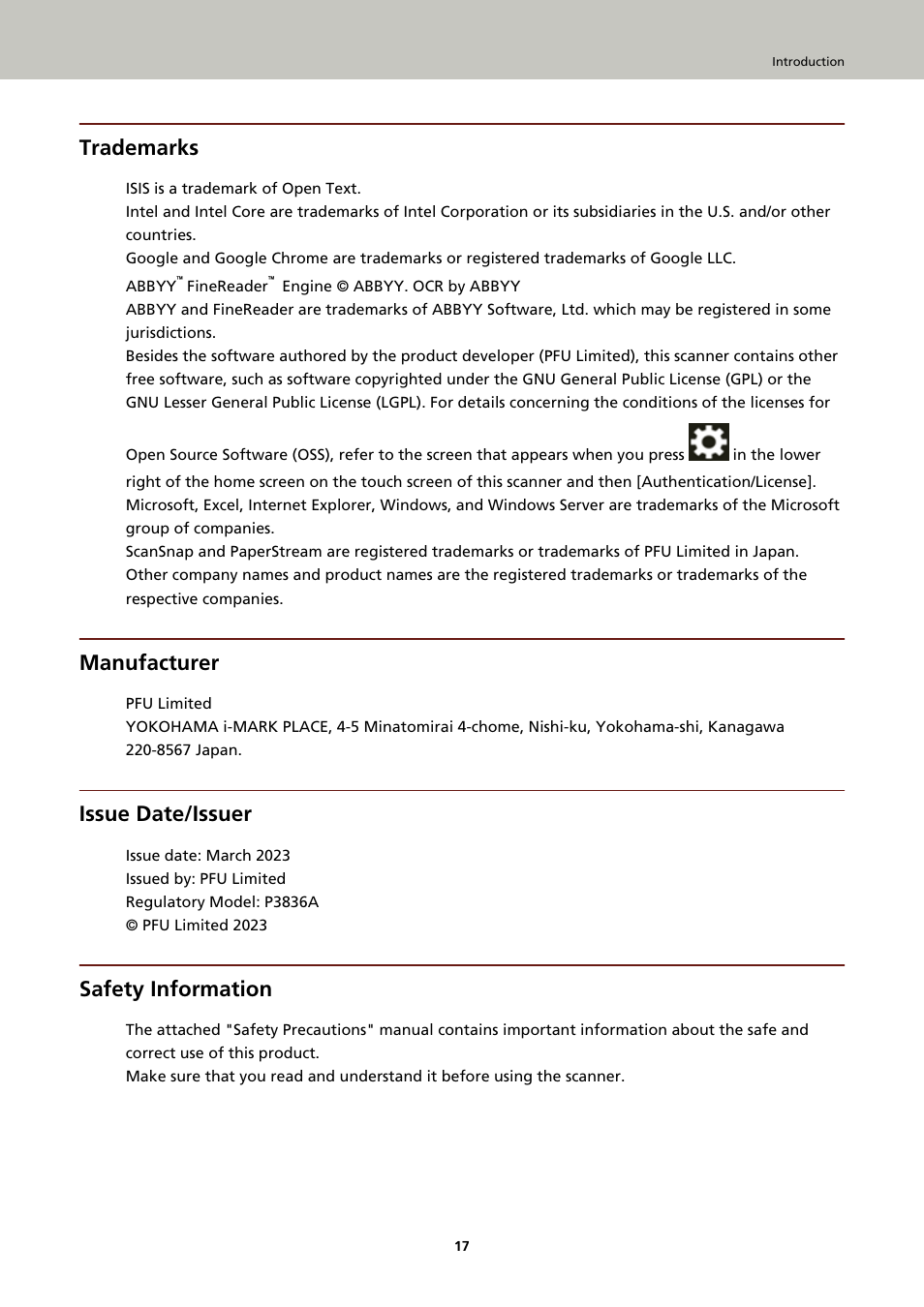 Trademarks, Manufacturer, Issue date/issuer | Safety information | Ricoh fi-8040 Desktop Scanner User Manual | Page 17 / 425