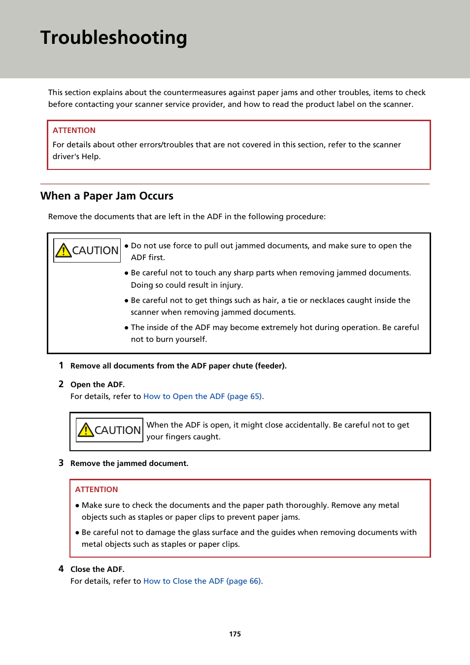 Troubleshooting, When a paper jam occurs, Solutions for problems can also be checked in | Caution | Ricoh fi-8040 Desktop Scanner User Manual | Page 175 / 425