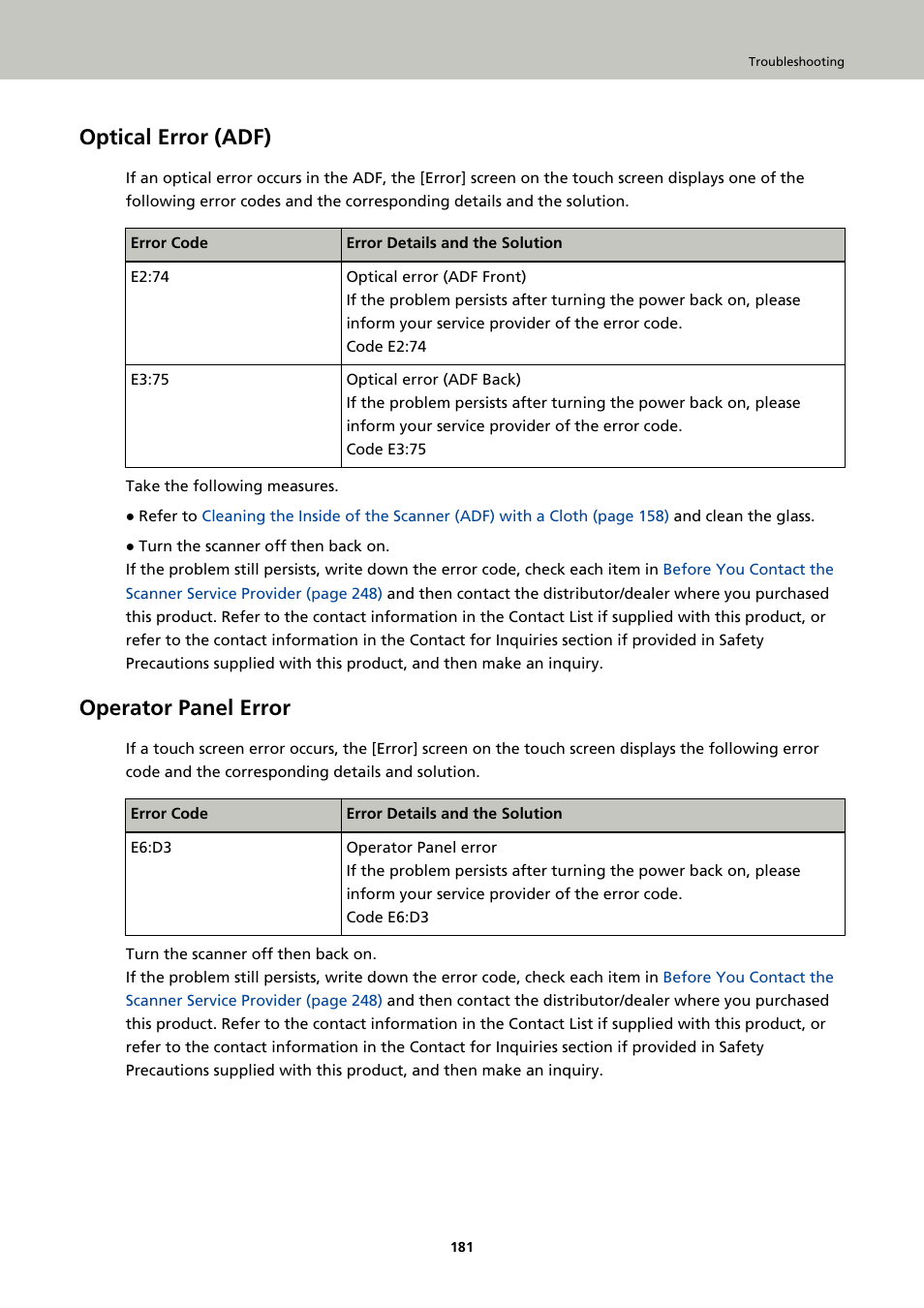 Optical error (adf), Operator panel error | Ricoh fi-8040 Desktop Scanner User Manual | Page 181 / 425