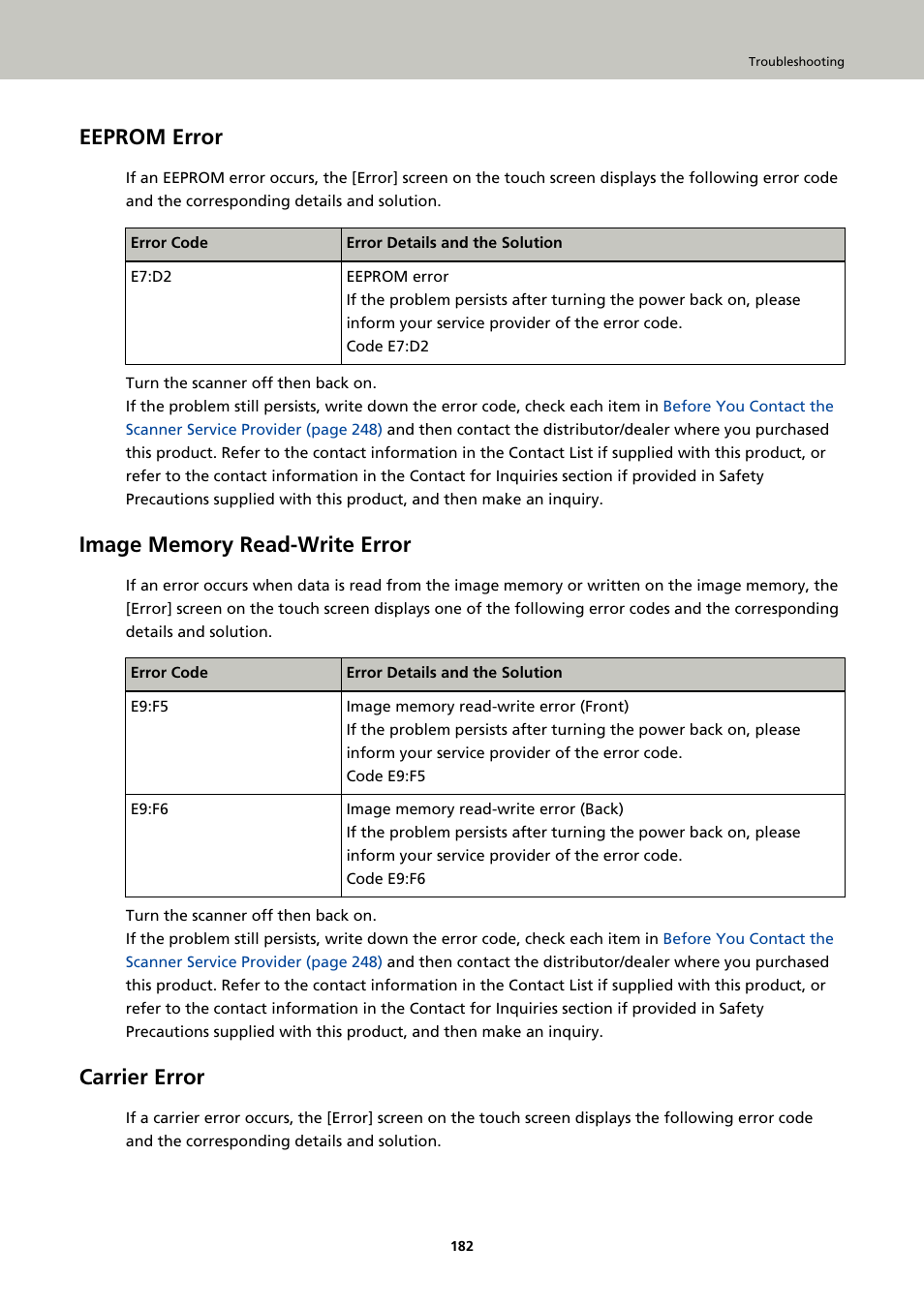 Eeprom error, Image memory read-write error, Carrier error | Ricoh fi-8040 Desktop Scanner User Manual | Page 182 / 425