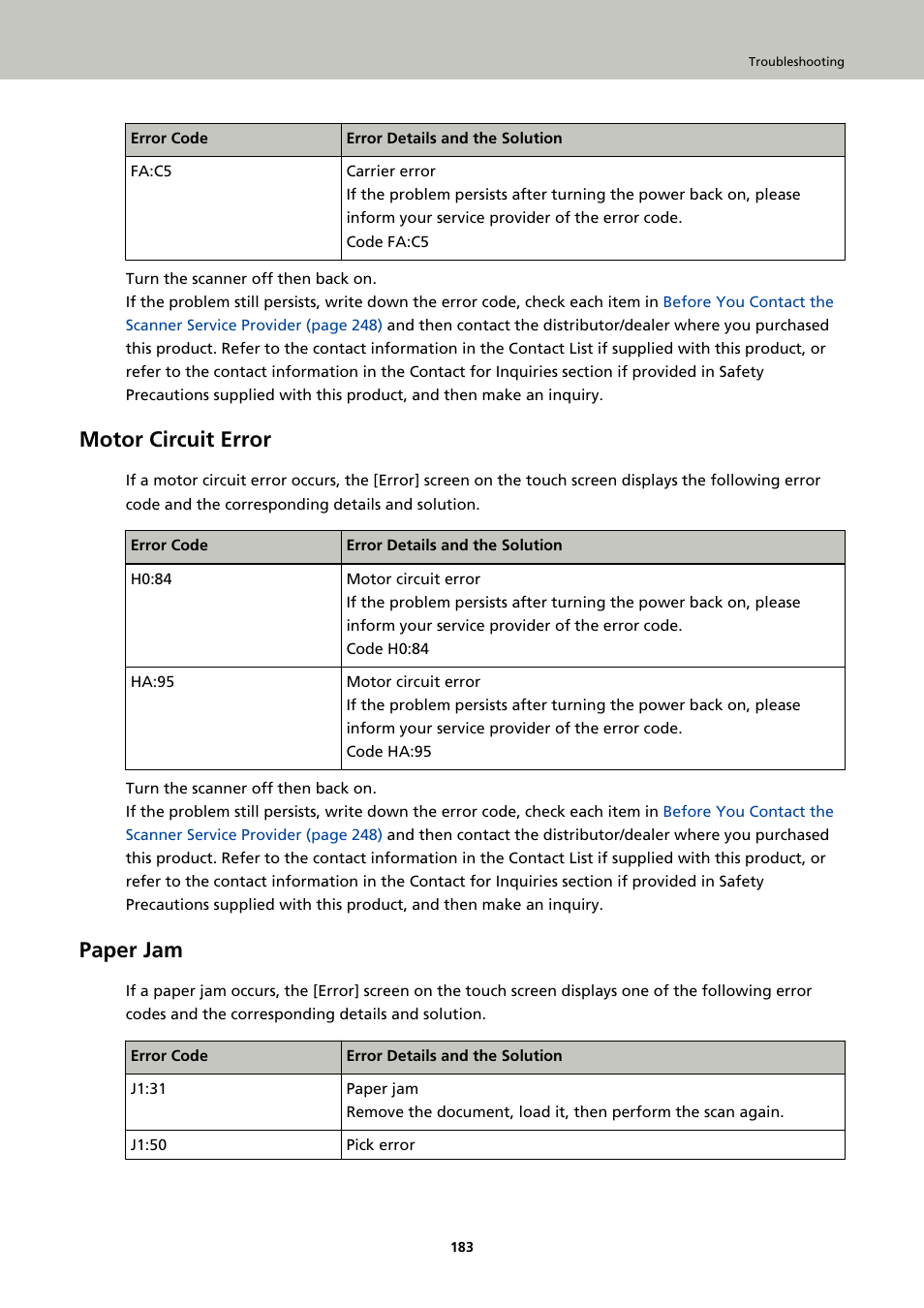 Motor circuit error, Paper jam | Ricoh fi-8040 Desktop Scanner User Manual | Page 183 / 425