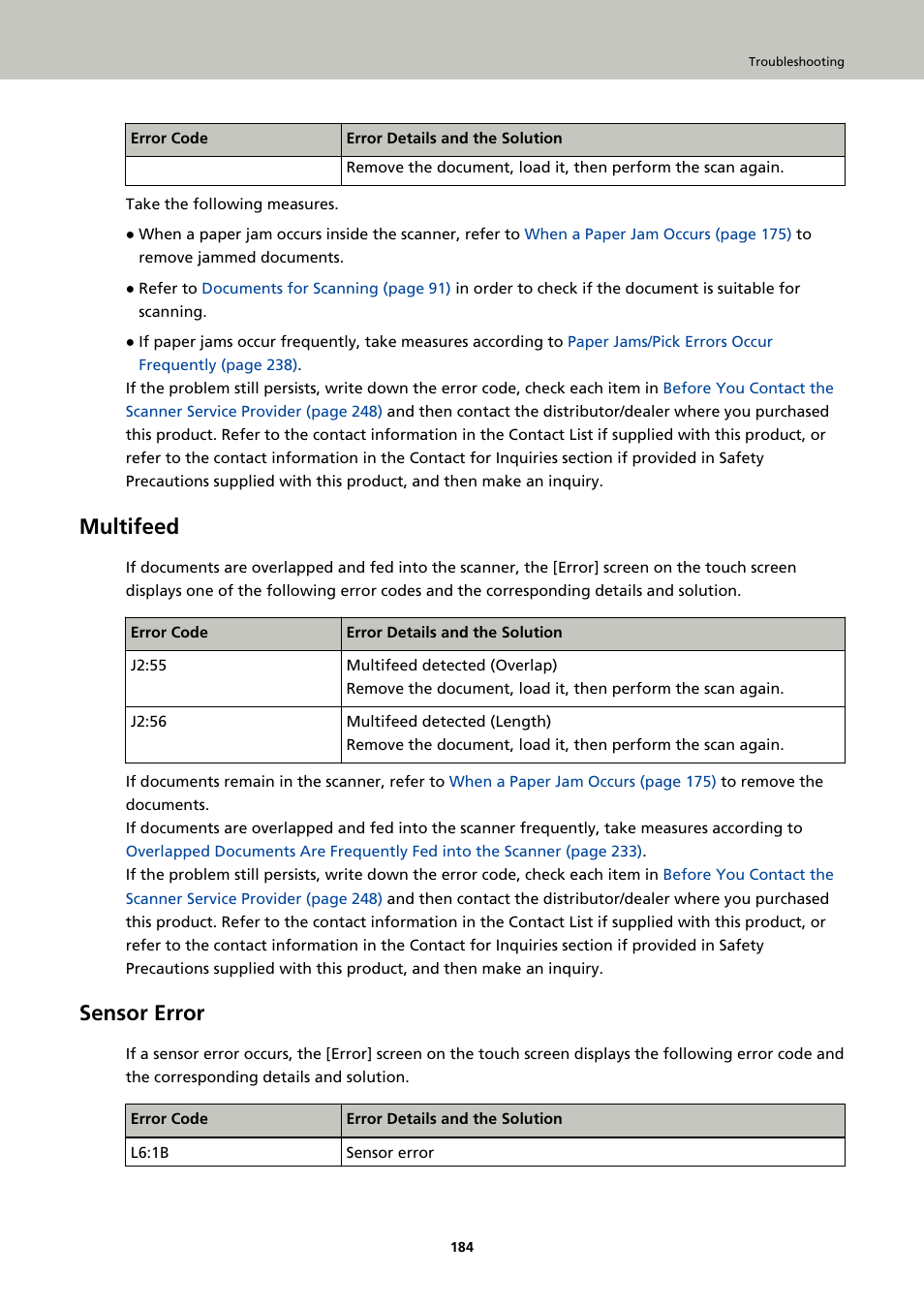 Multifeed, Sensor error | Ricoh fi-8040 Desktop Scanner User Manual | Page 184 / 425