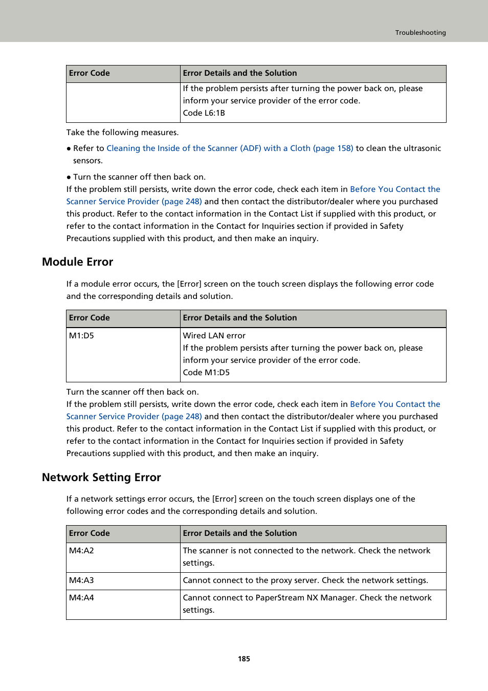 Module error, Network setting error | Ricoh fi-8040 Desktop Scanner User Manual | Page 185 / 425