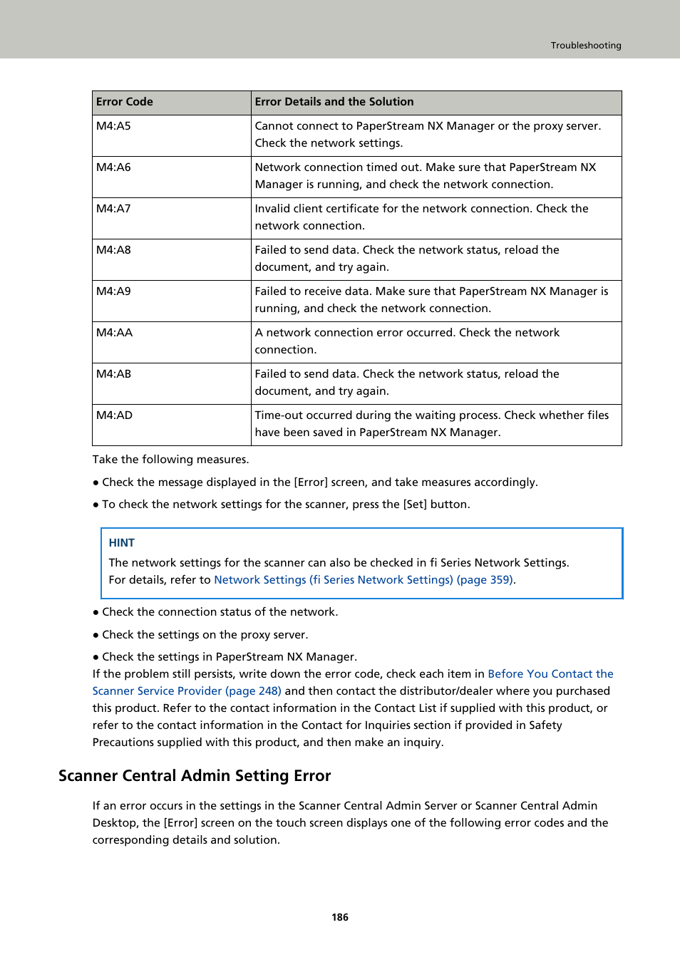 Scanner central admin setting error | Ricoh fi-8040 Desktop Scanner User Manual | Page 186 / 425