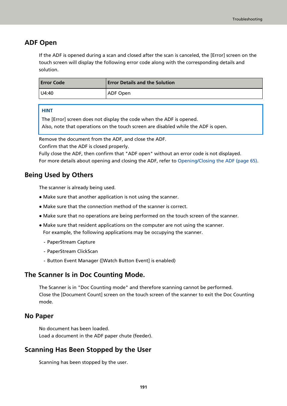 Adf open, Being used by others, The scanner is in doc counting mode | No paper, Scanning has been stopped by the user | Ricoh fi-8040 Desktop Scanner User Manual | Page 191 / 425