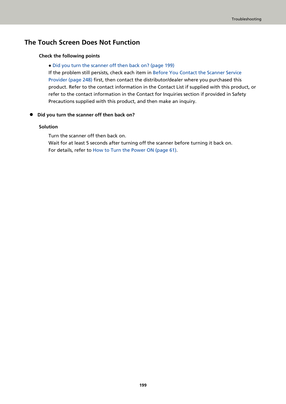 The touch screen does not function | Ricoh fi-8040 Desktop Scanner User Manual | Page 199 / 425