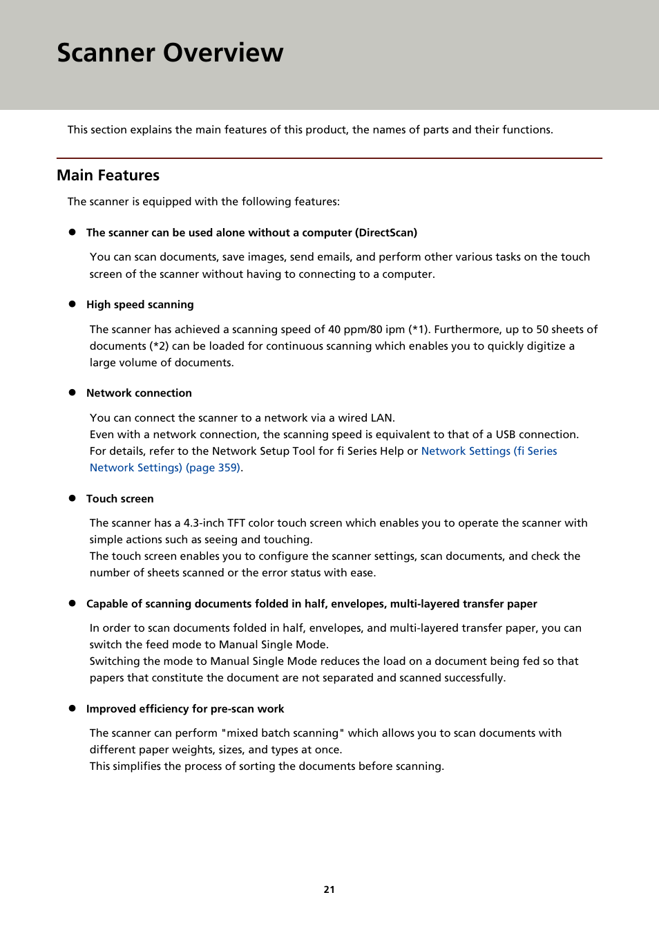 Scanner overview, Main features | Ricoh fi-8040 Desktop Scanner User Manual | Page 21 / 425