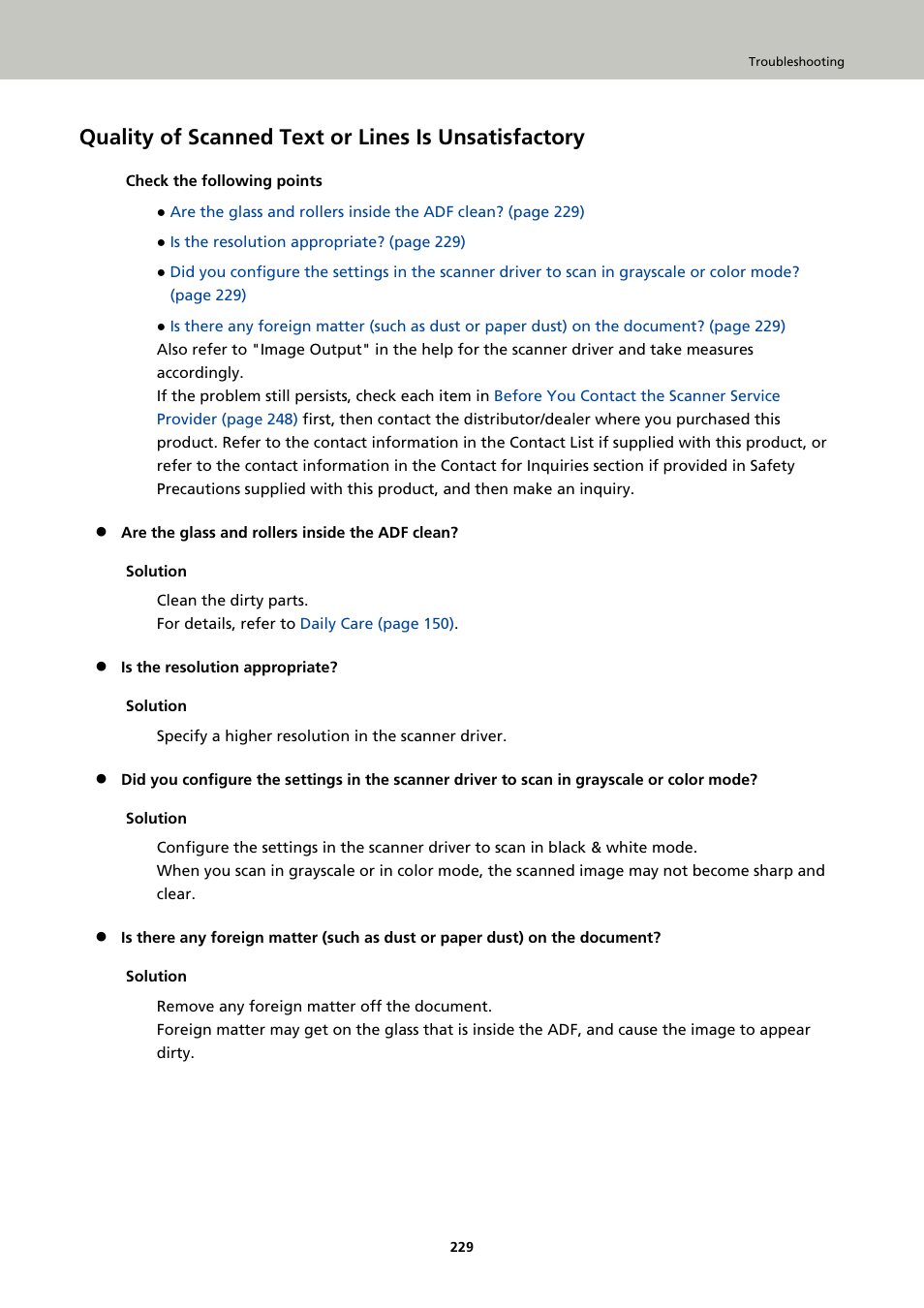 Quality of scanned text or lines is unsatisfactory | Ricoh fi-8040 Desktop Scanner User Manual | Page 229 / 425