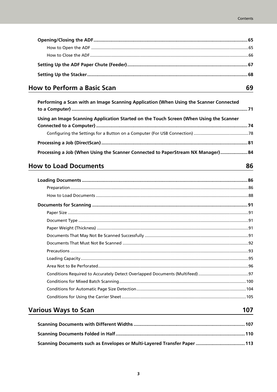 How to perform a basic scan 69, How to load documents 86, Various ways to scan 107 | Ricoh fi-8040 Desktop Scanner User Manual | Page 3 / 425