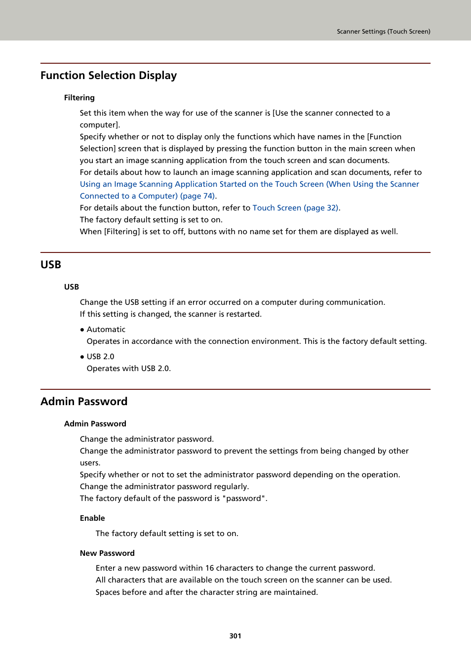 Function selection display, Admin password | Ricoh fi-8040 Desktop Scanner User Manual | Page 301 / 425