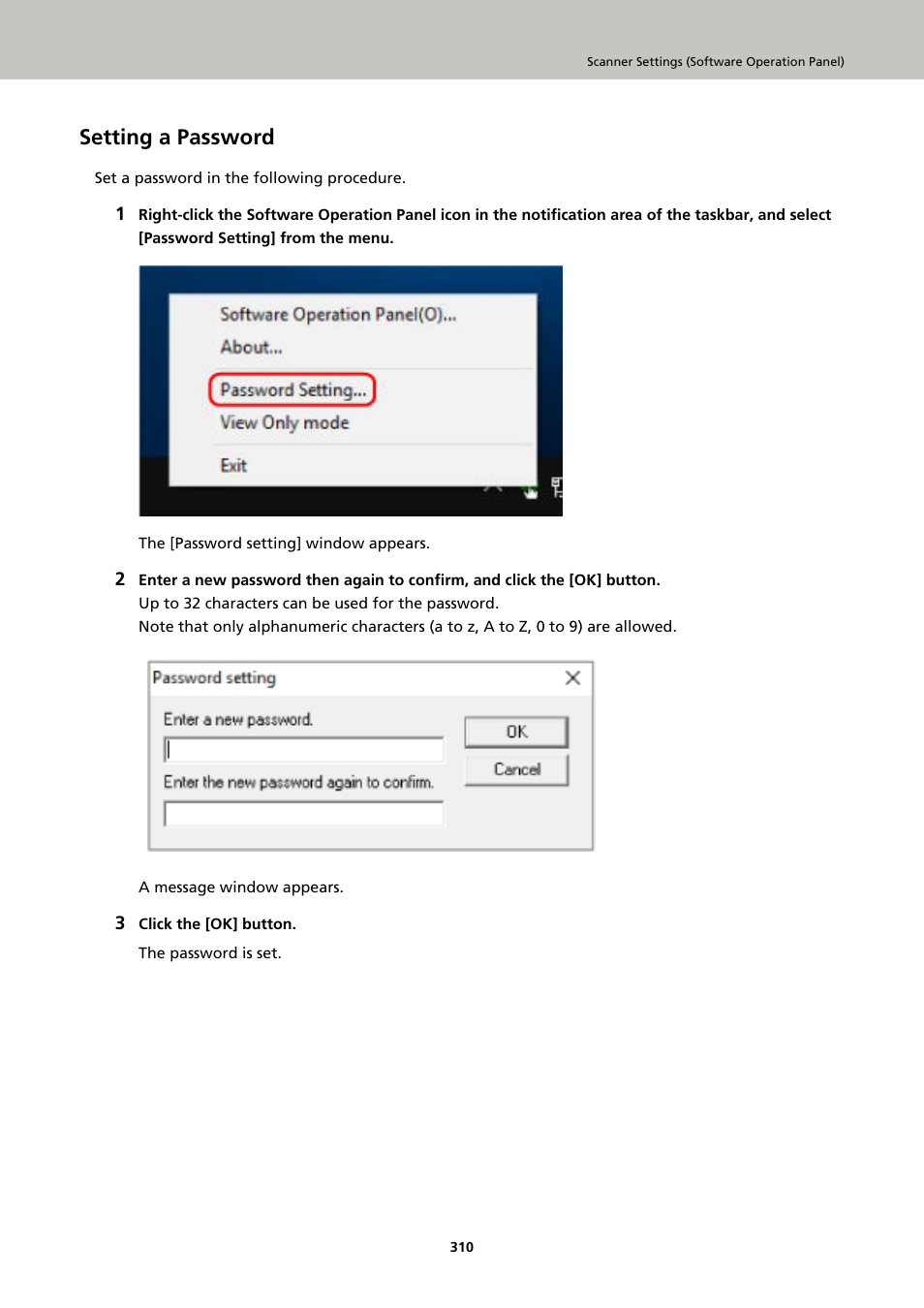 Setting a password | Ricoh fi-8040 Desktop Scanner User Manual | Page 310 / 425