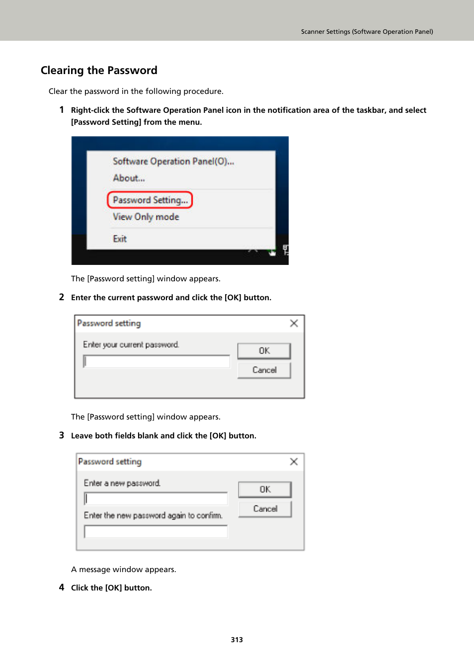 Clearing the password | Ricoh fi-8040 Desktop Scanner User Manual | Page 313 / 425