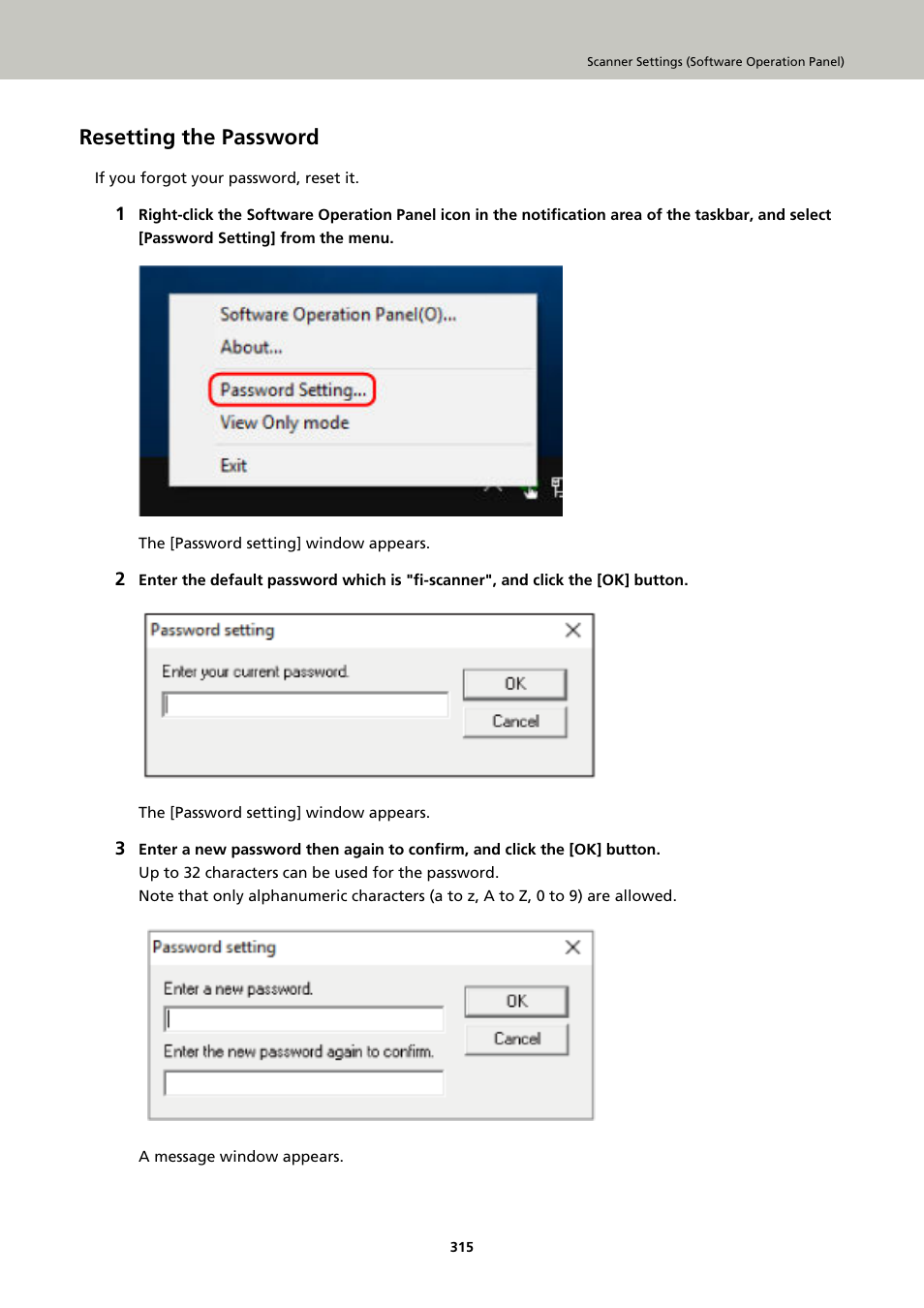 Resetting the password | Ricoh fi-8040 Desktop Scanner User Manual | Page 315 / 425
