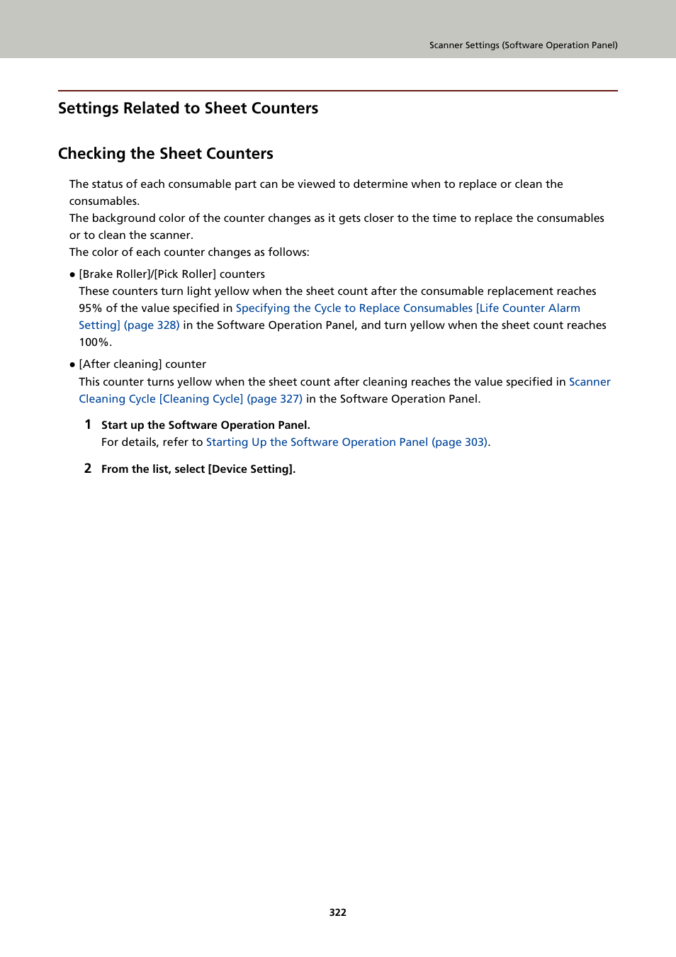 Settings related to sheet counters, Checking the sheet counters, Count | Checking | Ricoh fi-8040 Desktop Scanner User Manual | Page 322 / 425