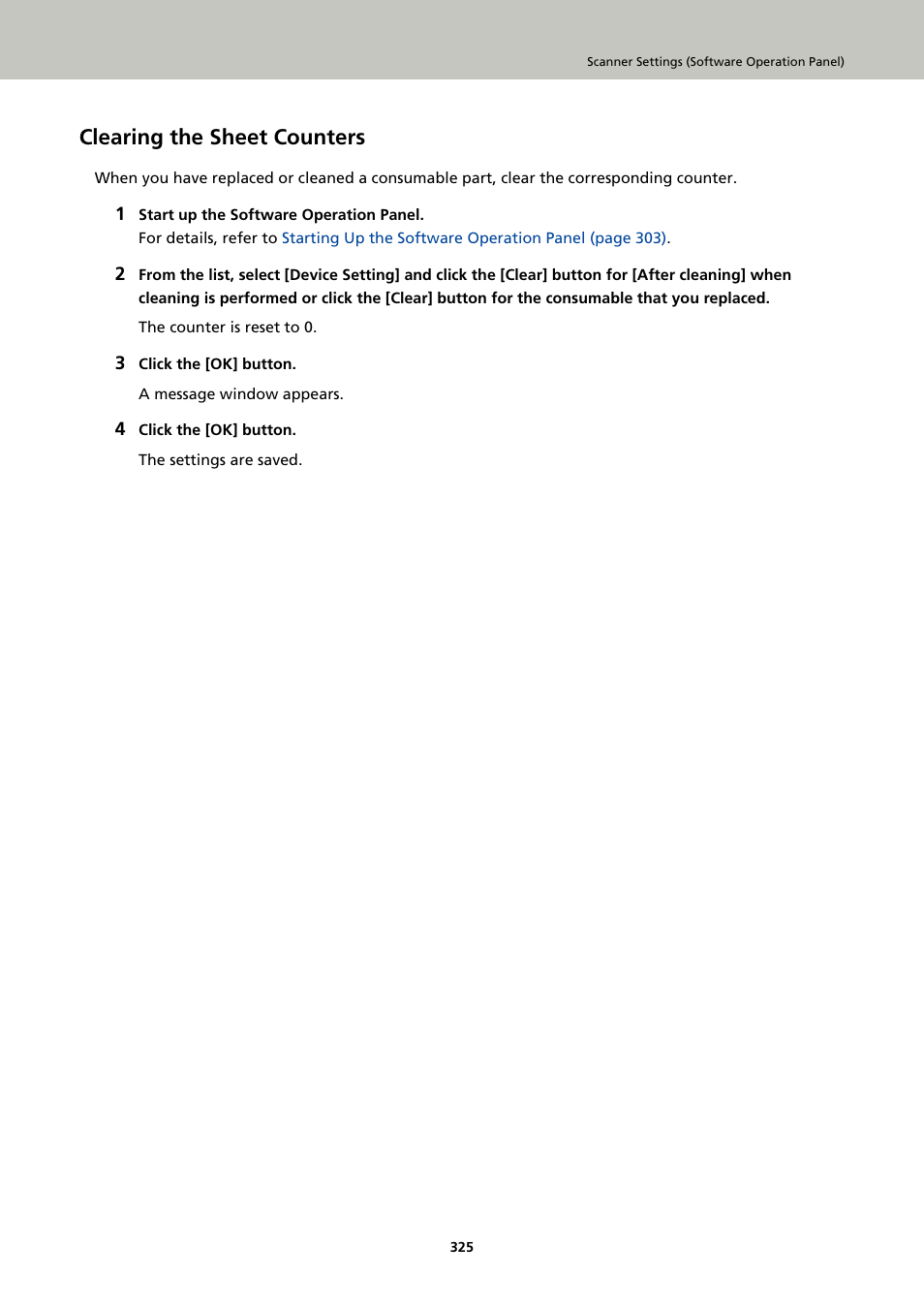 Clearing the sheet counters, When using the software operation panel, refer to, For details, refer to | Clearing | Ricoh fi-8040 Desktop Scanner User Manual | Page 325 / 425