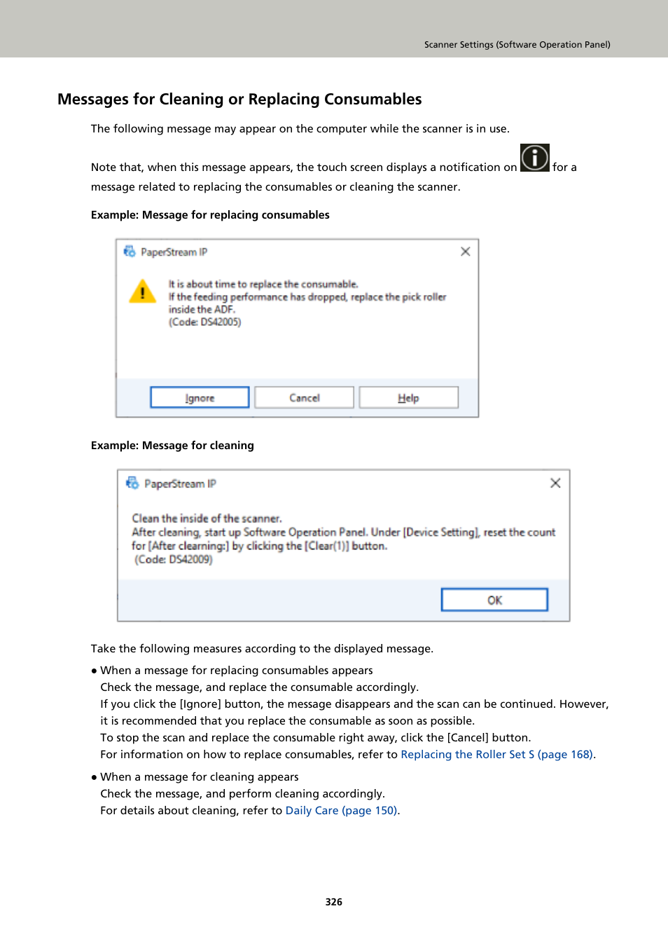 Messages for cleaning or replacing consumables | Ricoh fi-8040 Desktop Scanner User Manual | Page 326 / 425