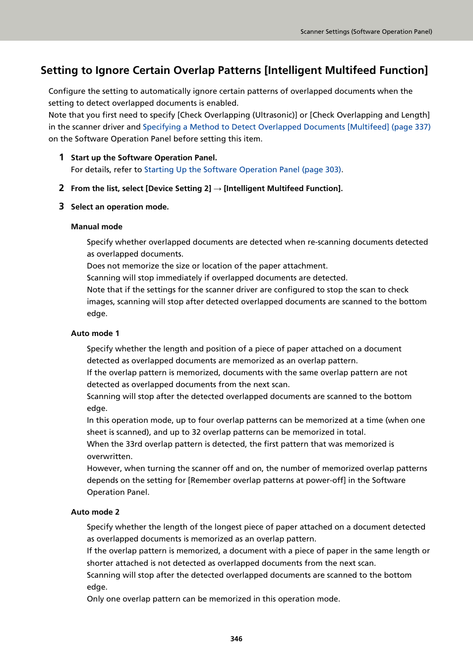 Setting to ignore certain overlap, For details, refer to, Setting | Intelligent multifeed function | Ricoh fi-8040 Desktop Scanner User Manual | Page 346 / 425