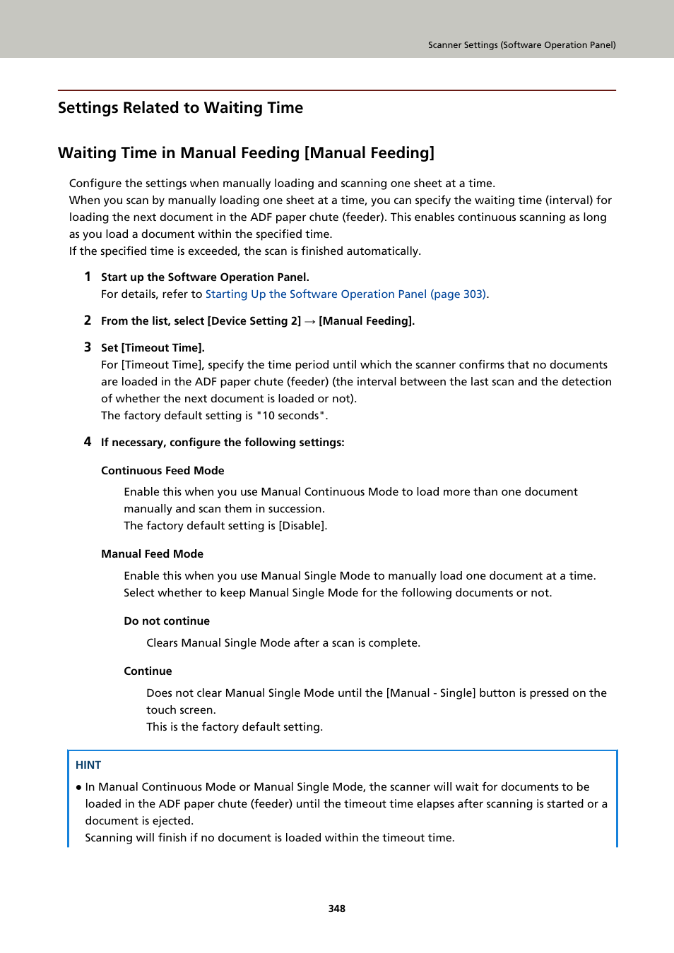 Settings related to waiting time, Waiting time in manual feeding [manual feeding, For details, refer to | Manual feeding | Ricoh fi-8040 Desktop Scanner User Manual | Page 348 / 425