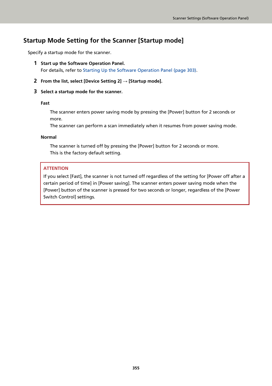 Startup mode setting for the scanner [startup mode | Ricoh fi-8040 Desktop Scanner User Manual | Page 355 / 425