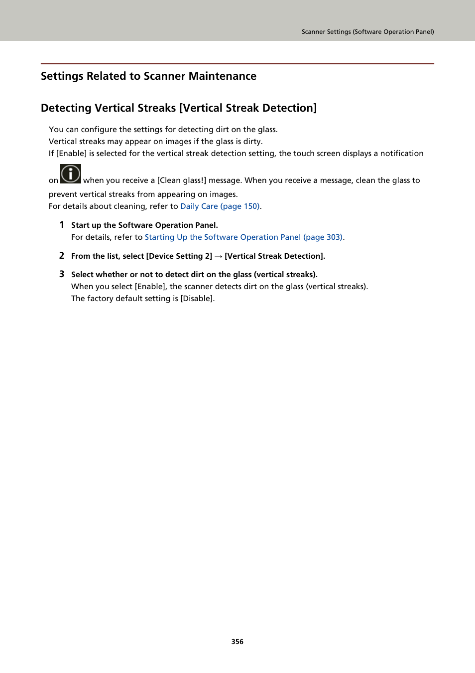 Settings related to scanner maintenance, Vertical streak detection | Ricoh fi-8040 Desktop Scanner User Manual | Page 356 / 425