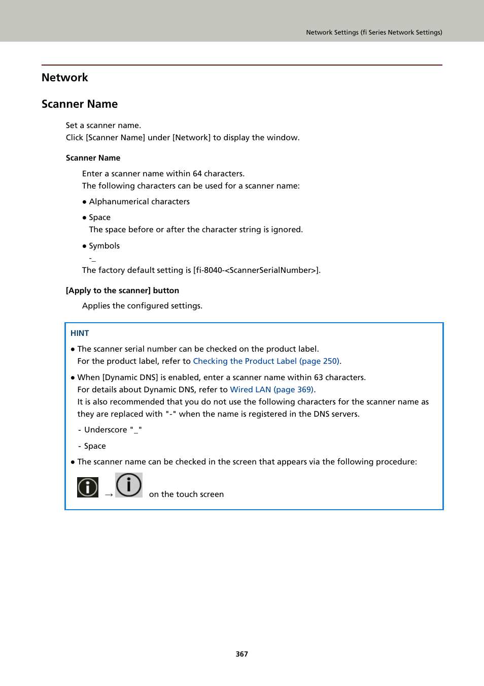 Network, Scanner name, Network scanner name | Ricoh fi-8040 Desktop Scanner User Manual | Page 367 / 425