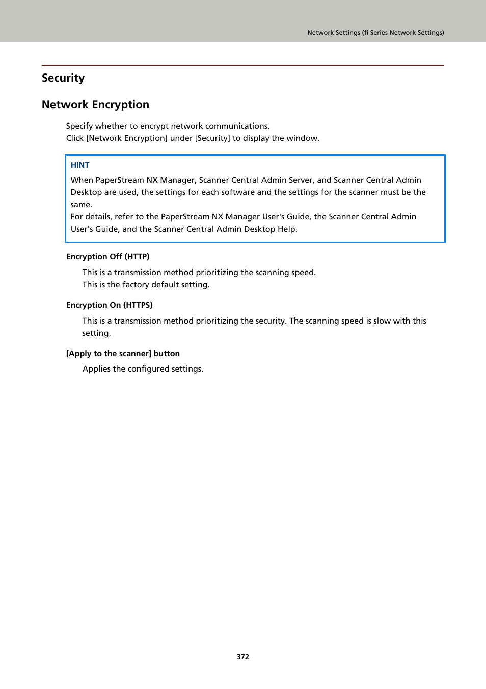 Security, Network encryption, Security network encryption | Ricoh fi-8040 Desktop Scanner User Manual | Page 372 / 425
