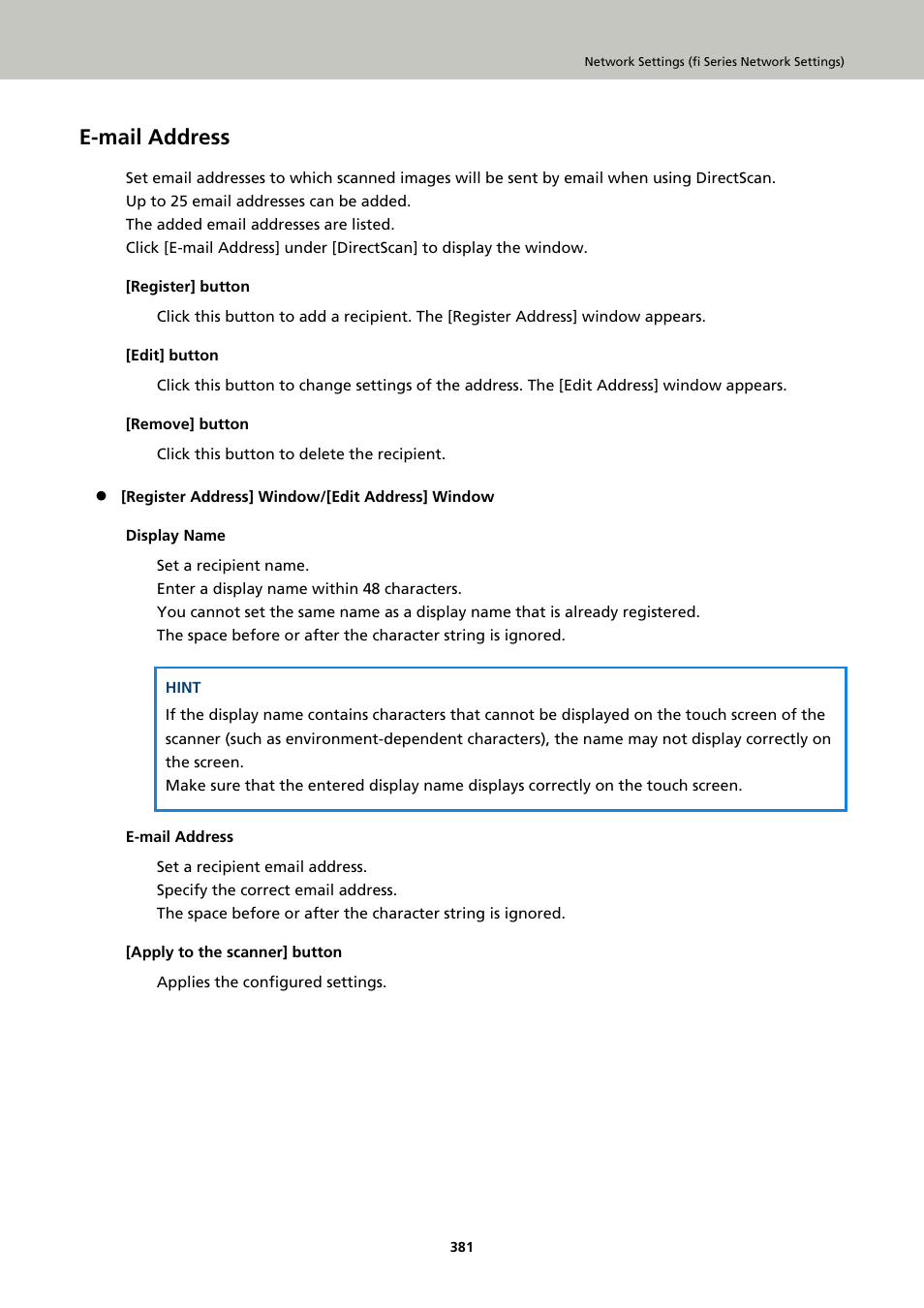 E-mail address | Ricoh fi-8040 Desktop Scanner User Manual | Page 381 / 425