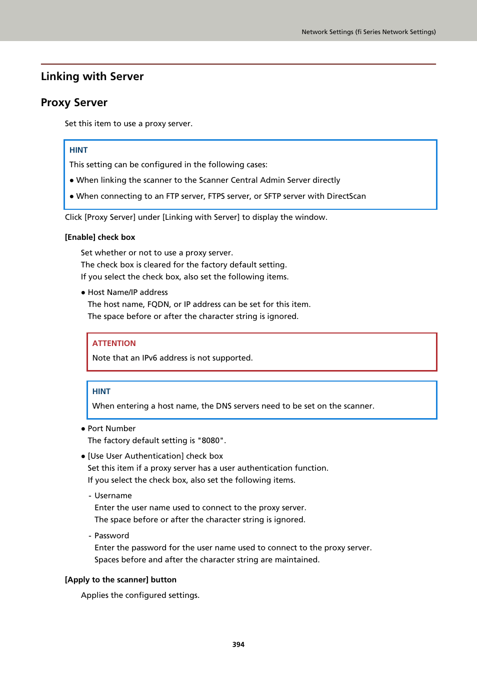 Linking with server, Proxy server, Linking with server proxy server | Ricoh fi-8040 Desktop Scanner User Manual | Page 394 / 425