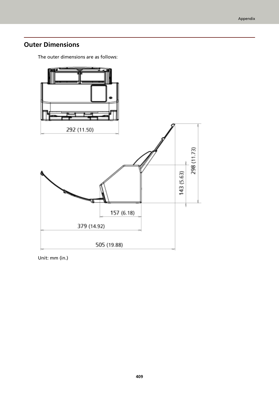Outer dimensions | Ricoh fi-8040 Desktop Scanner User Manual | Page 409 / 425
