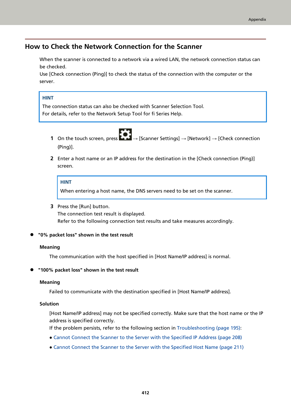 For details, refer to, How to check the network connection for the, For details about the execution results, refer to | How to check the network connection for | Ricoh fi-8040 Desktop Scanner User Manual | Page 412 / 425