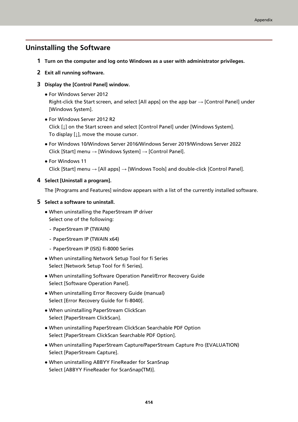 Uninstalling the software, For details, refer to | Ricoh fi-8040 Desktop Scanner User Manual | Page 414 / 425