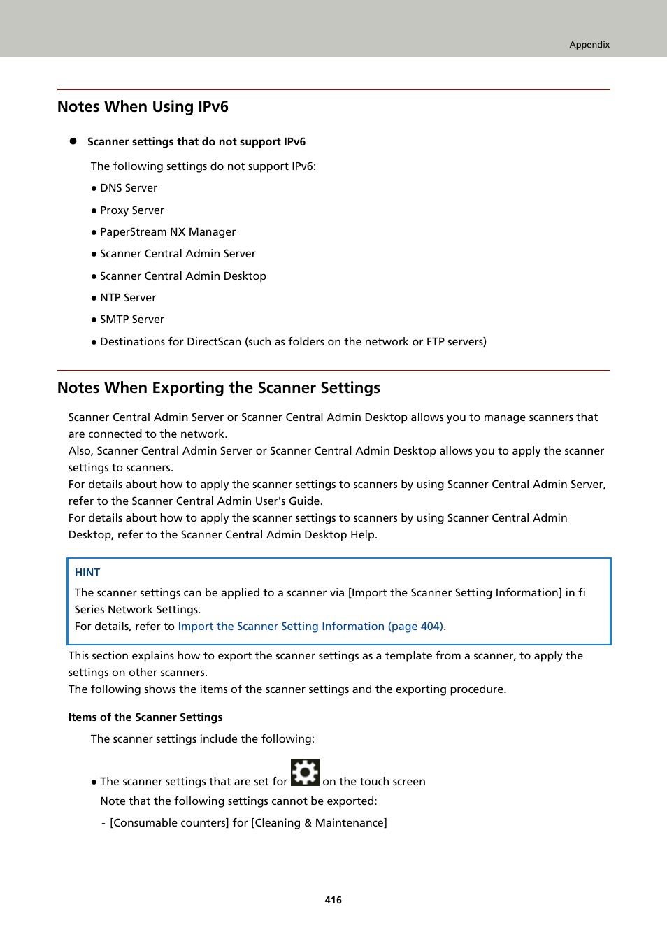 Notes when using ipv6, Notes when exporting the scanner settings | Ricoh fi-8040 Desktop Scanner User Manual | Page 416 / 425
