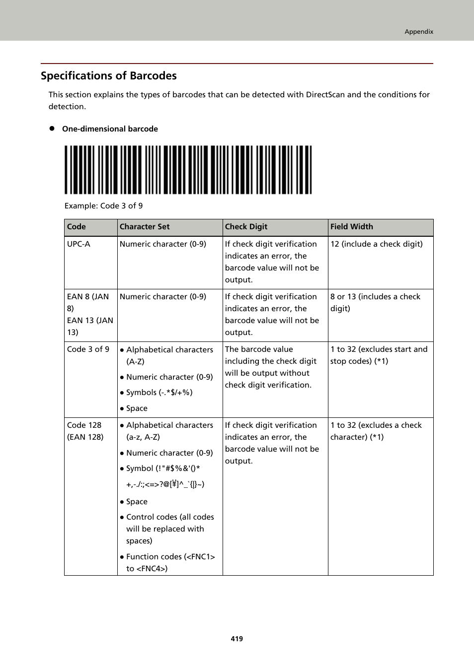 Specifications of barcodes | Ricoh fi-8040 Desktop Scanner User Manual | Page 419 / 425