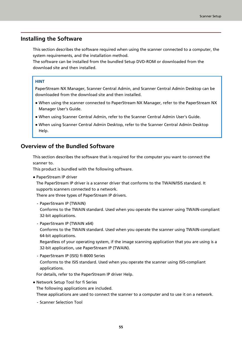Installing the software, Overview of the bundled software | Ricoh fi-8040 Desktop Scanner User Manual | Page 55 / 425