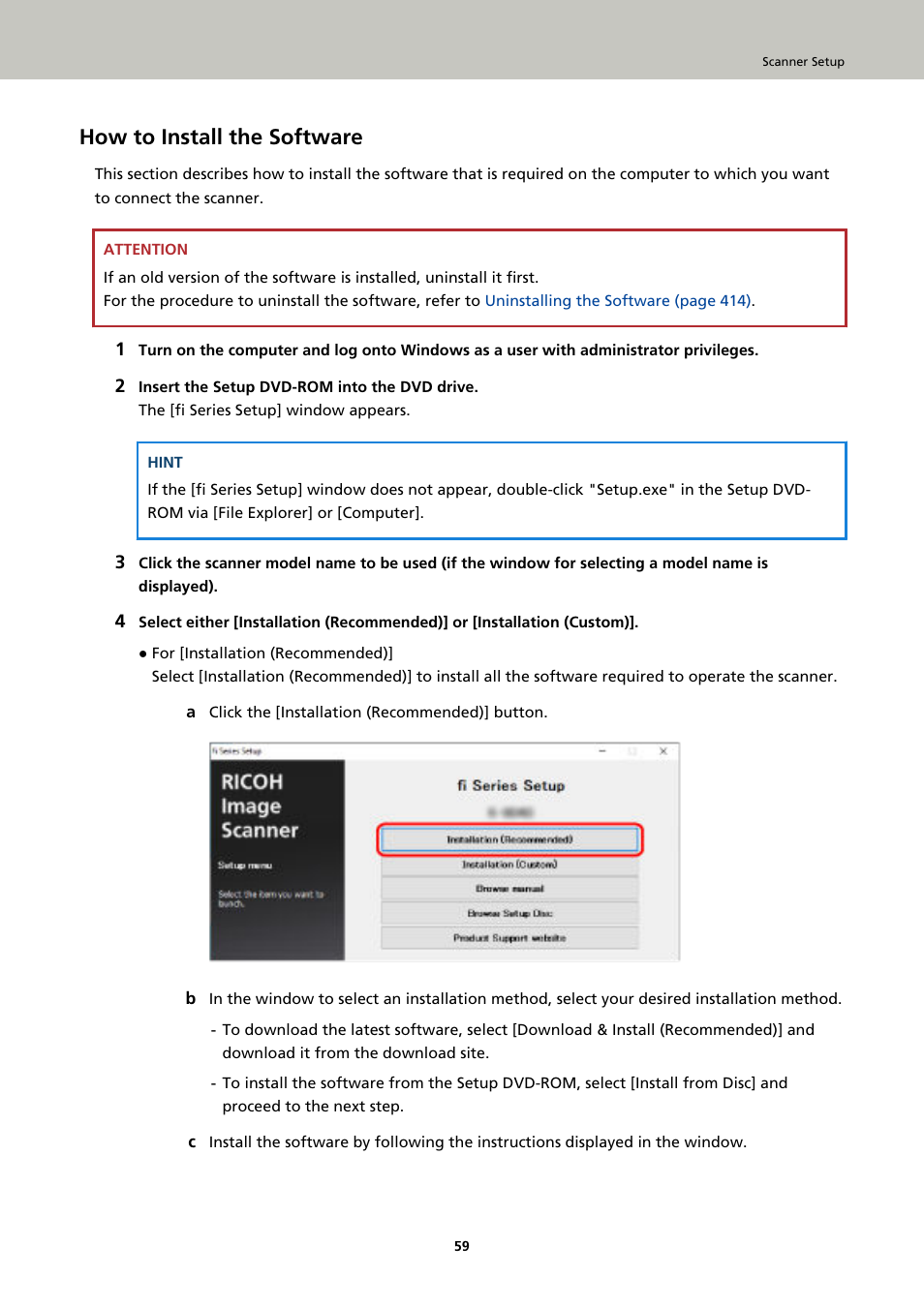 How to install the software | Ricoh fi-8040 Desktop Scanner User Manual | Page 59 / 425